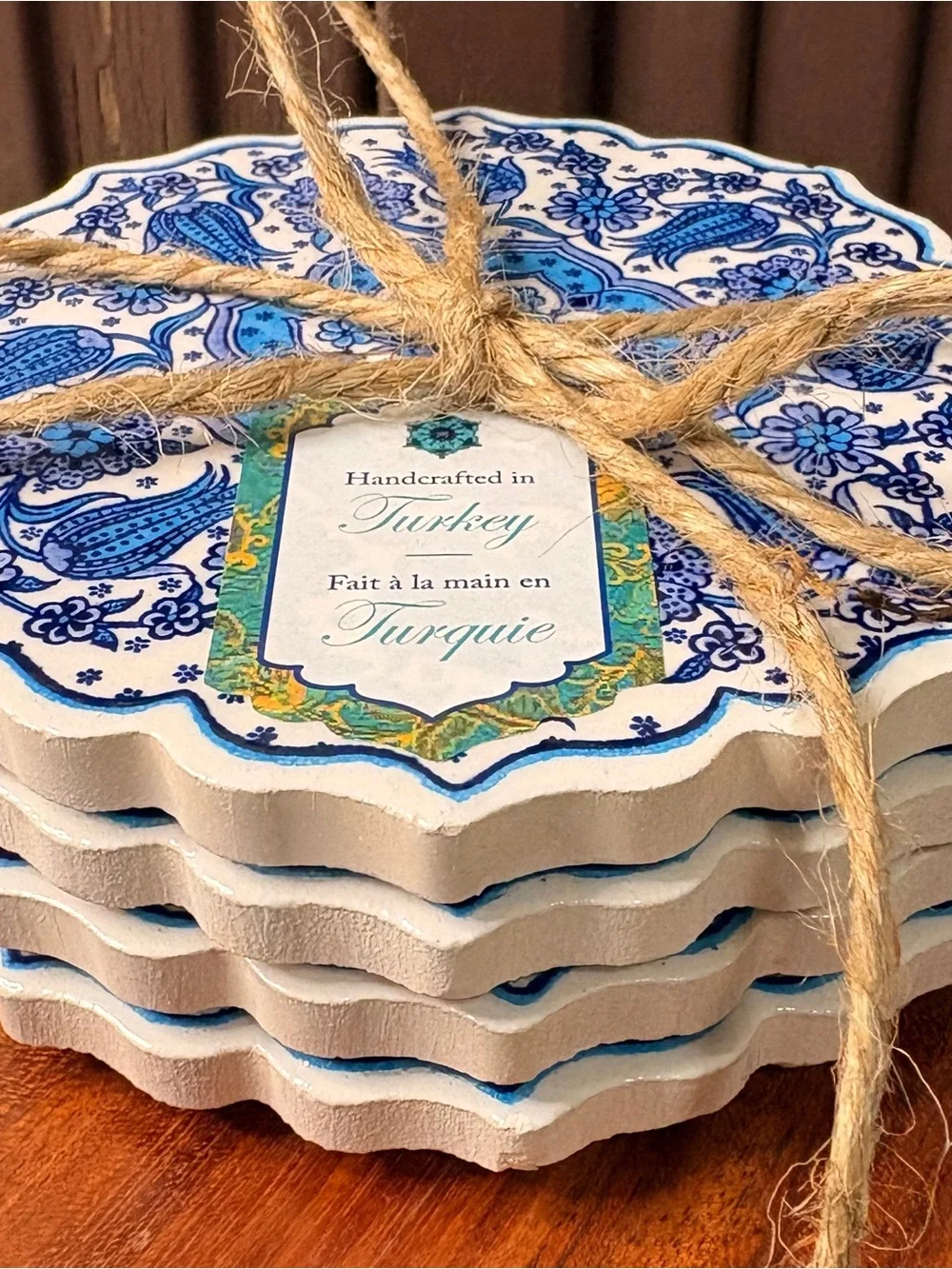Set of 4 Turkish Ceramic Coasters Made in Turkey Boho Vibe Blue and White NWT